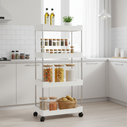 Desserte à roulettes 4 niveaux avec huiles, épices et pâtes