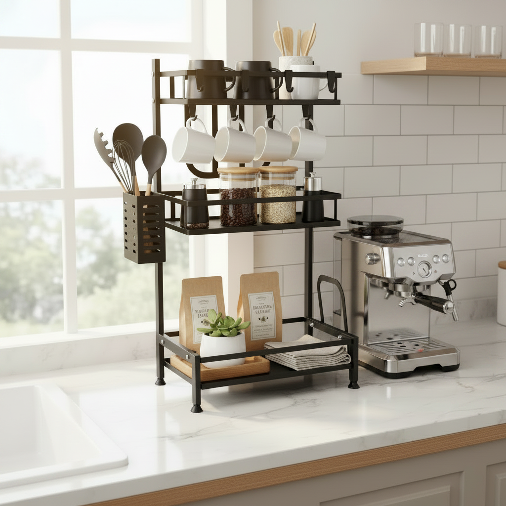 Étagère cuisine à 3 niveaux contenant tasses, café et autres à côté d'une cafetière 