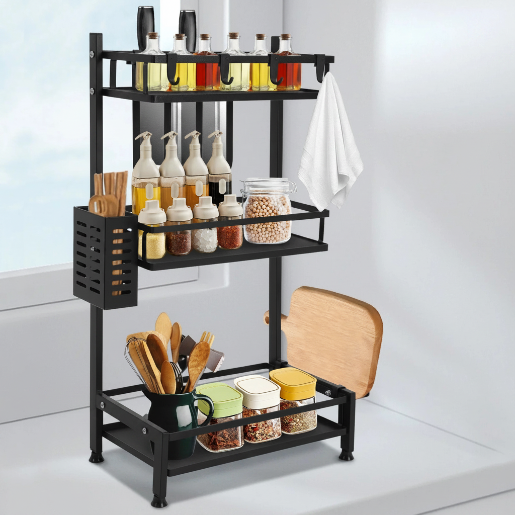 Étagère cuisine à 3 niveaux contenant bocaux, épices, huiles et autres produits