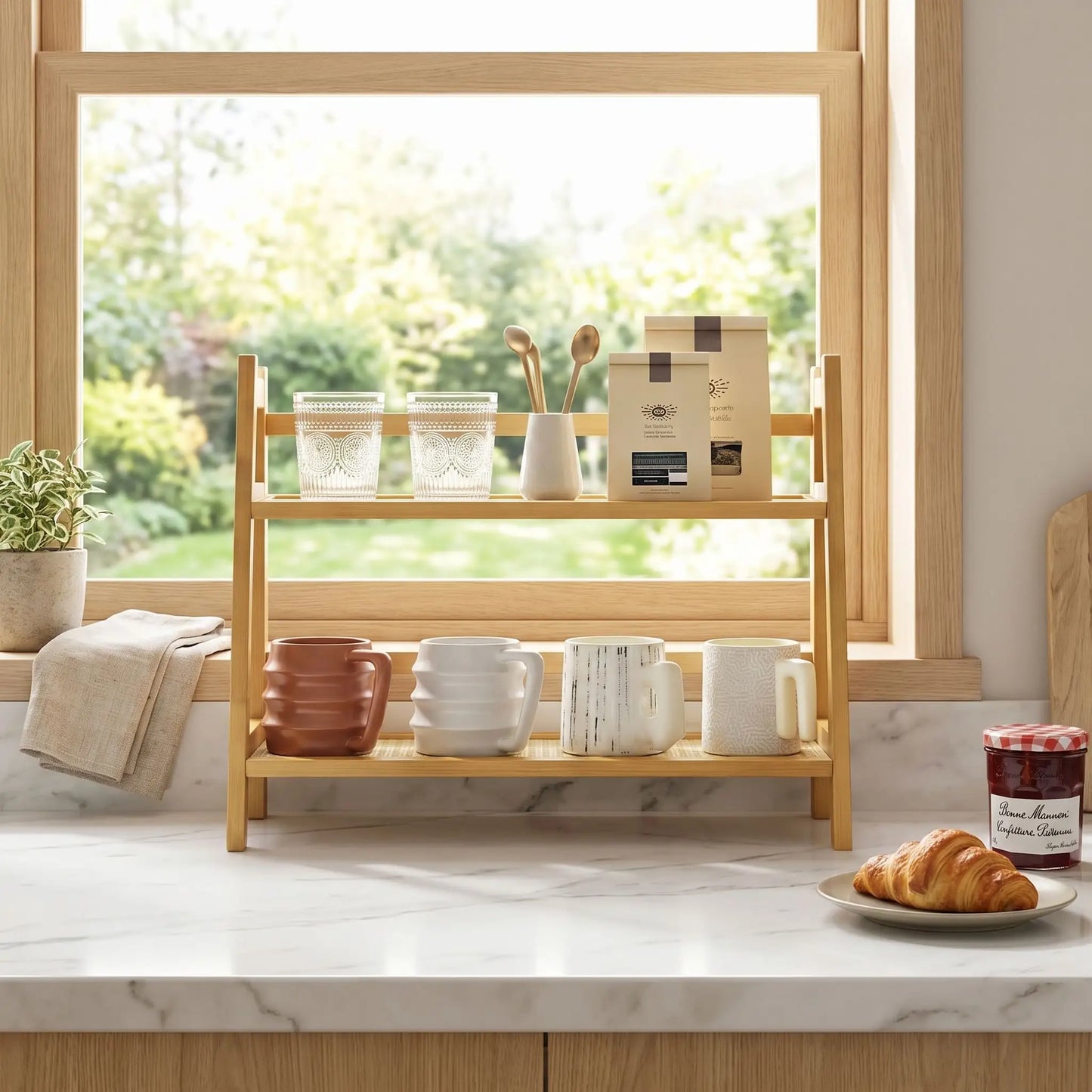 etagere cuisine bois bamboo naturel devant une fenêtre pour vos tasses