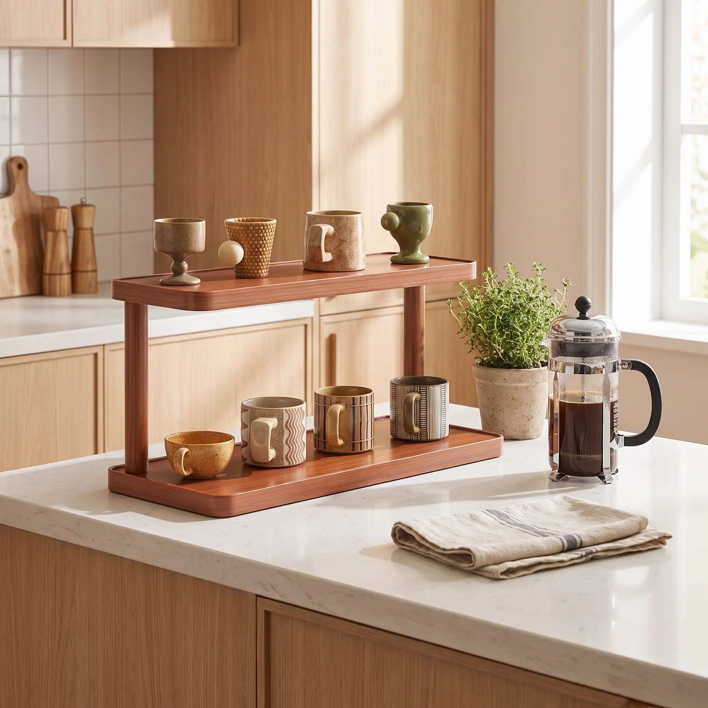 etagere cuisine bois érable contenant de belles tasses pour le café ou le thé