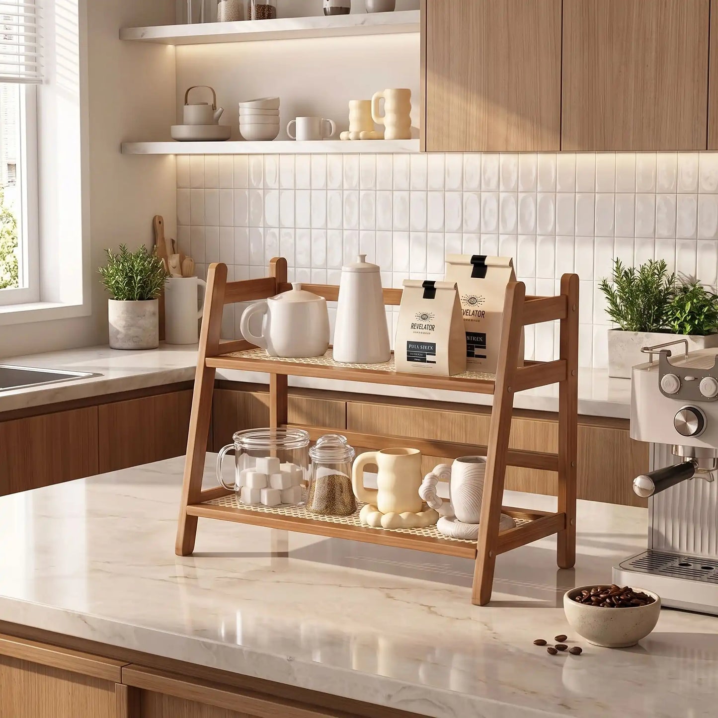 etagere cuisine bois fauve pour vos tasses et tout le nécessaire pour le café ou le thé
