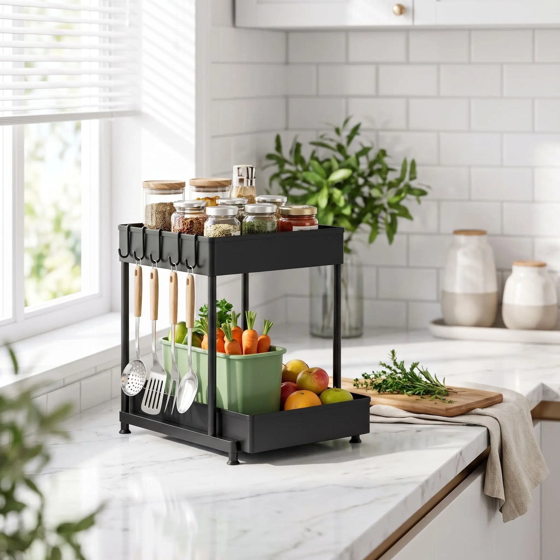 étagère de cuisine 2 tablettes noir idéal pour vos bocaux, ustensiles, fruits et autres