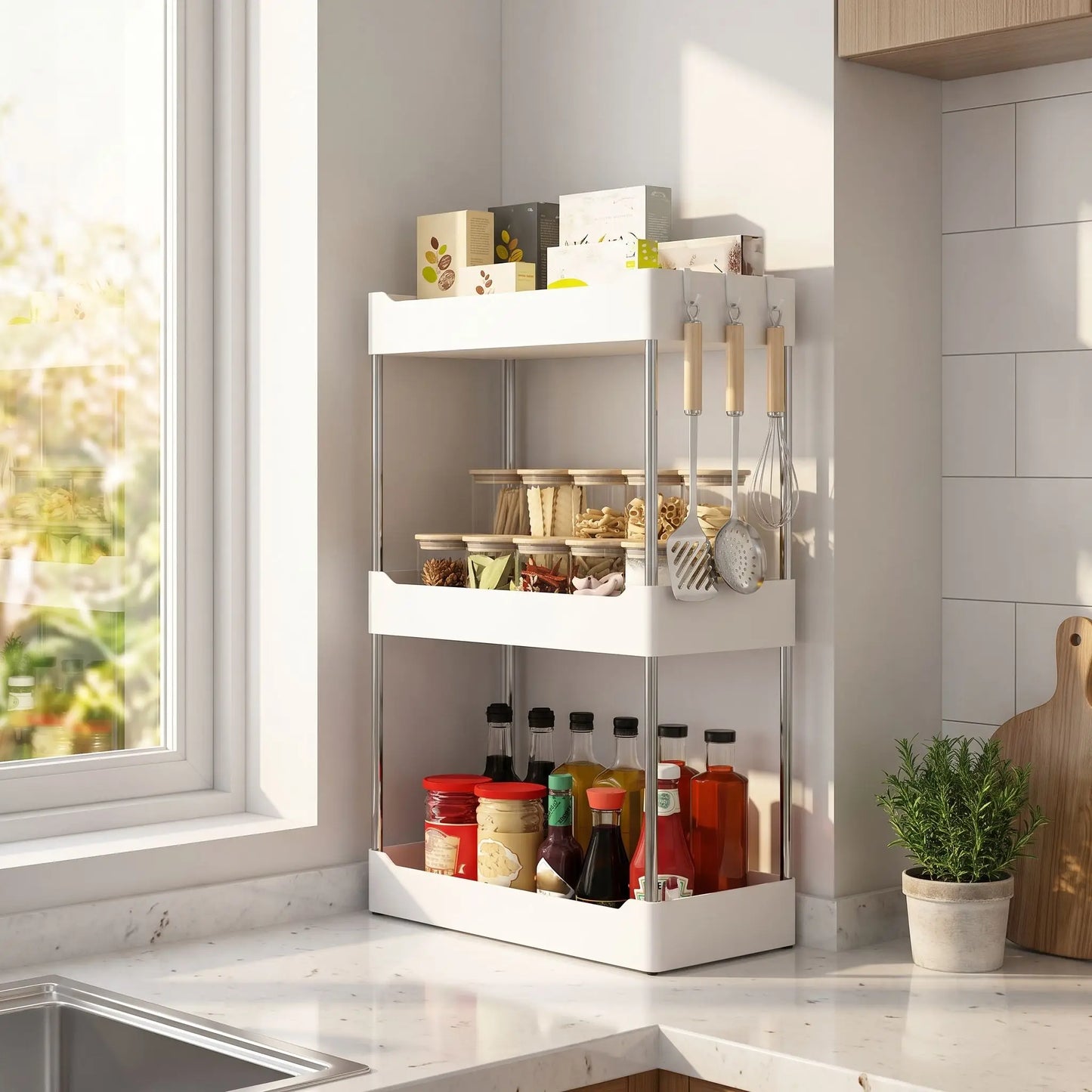 étagère de cuisine 3 tablettes blanc pour tous vos essentiels de cuisine