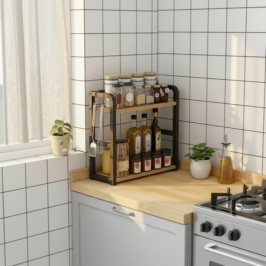 Étagère de cuisine de couleur noyer sur un mur carrelé blanc et noir