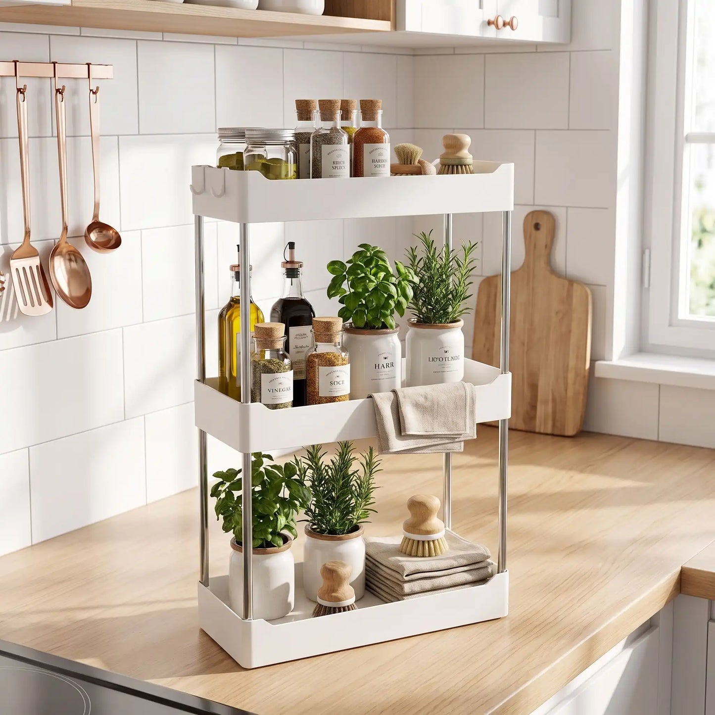 étagère de cuisine 3 tablettes blanc élégante dans un coin de votre cuisine éclairée