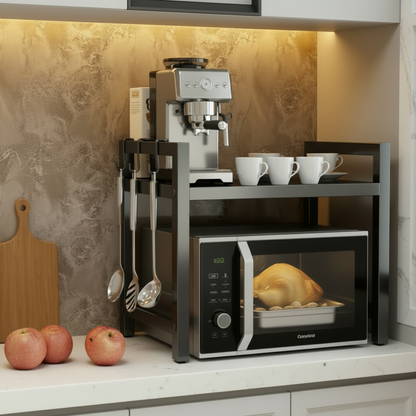 étagère four micro onde extensible avec machine à café et tasses blanches