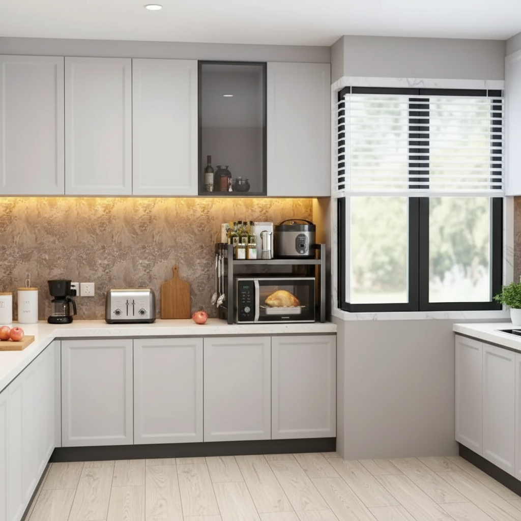 étagère four micro onde extensible dans une belle cuisine éclairée