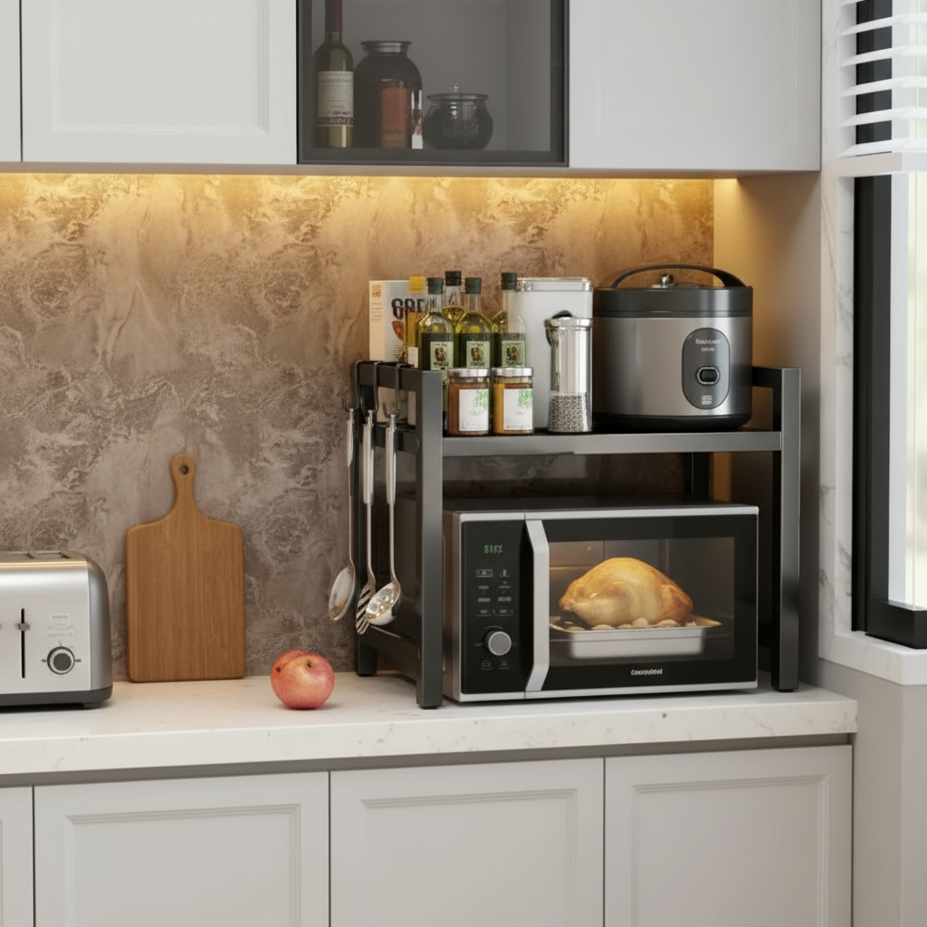 étagère four micro onde extensible près d'une fenêtre