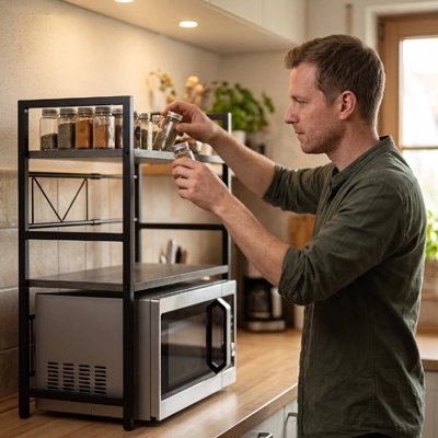 Etagere micro onde avec homme déposant un article