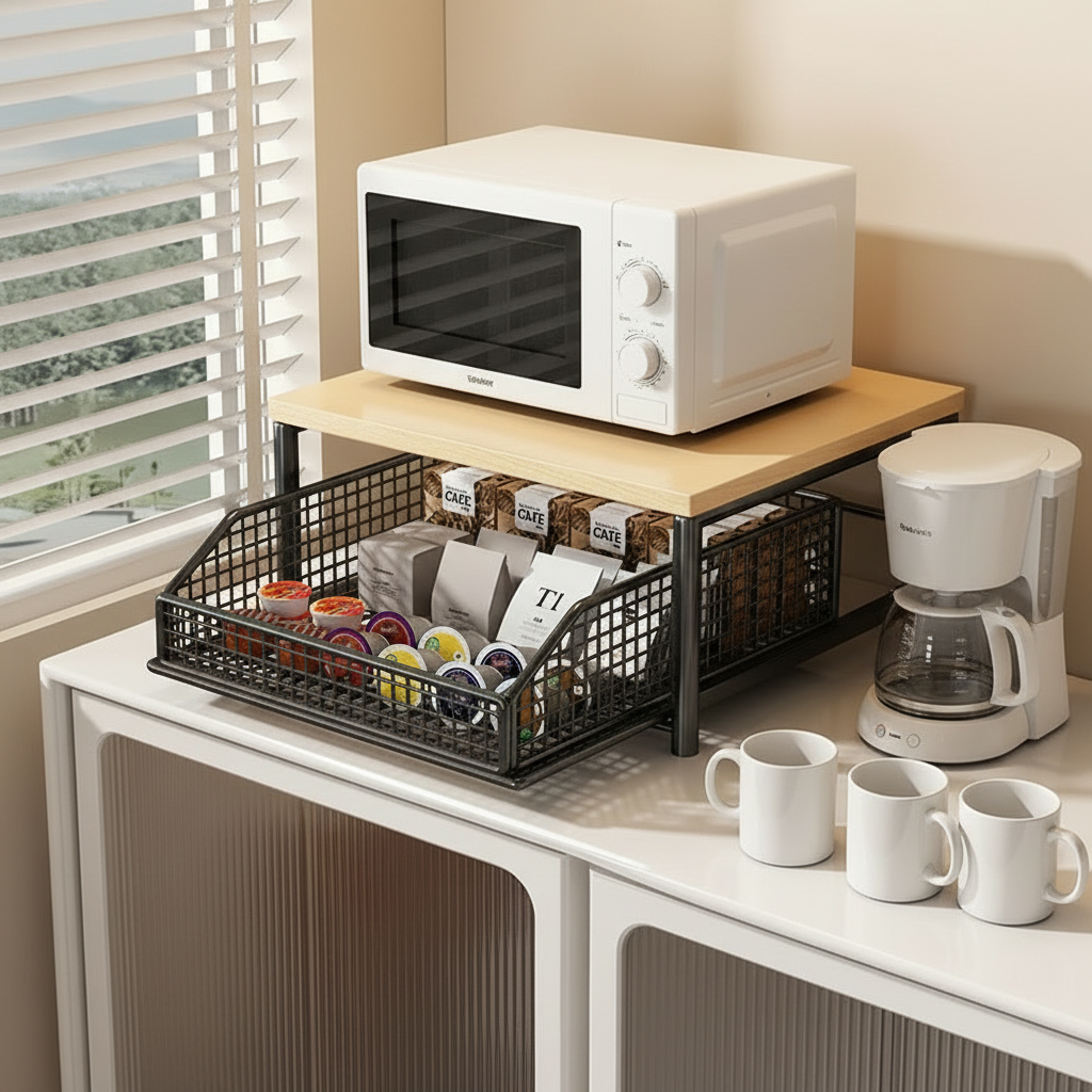 Etagere micro onde blanc avec cafetière et tasses