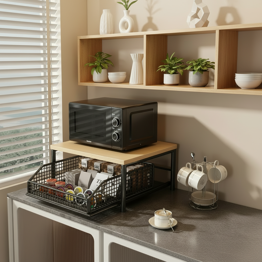 Etagere micro onde noir avec tasses et étagère murale