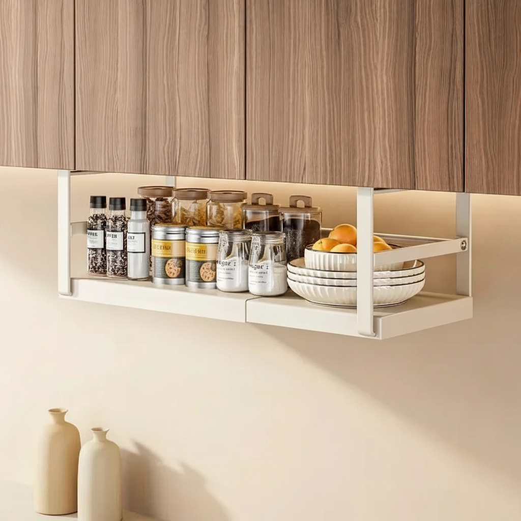 Étagère pour cuisine en métal blanc avec assiettes et épices