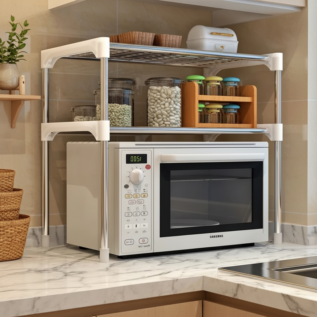 Etagere pour micro onde dans une cuisine zen