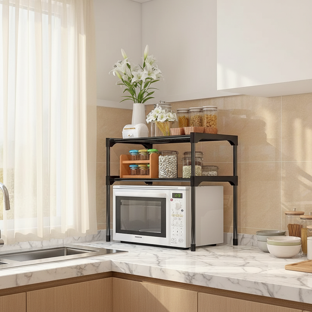 etagere pour micro onde en acier noir avec un joli pot de fleurs