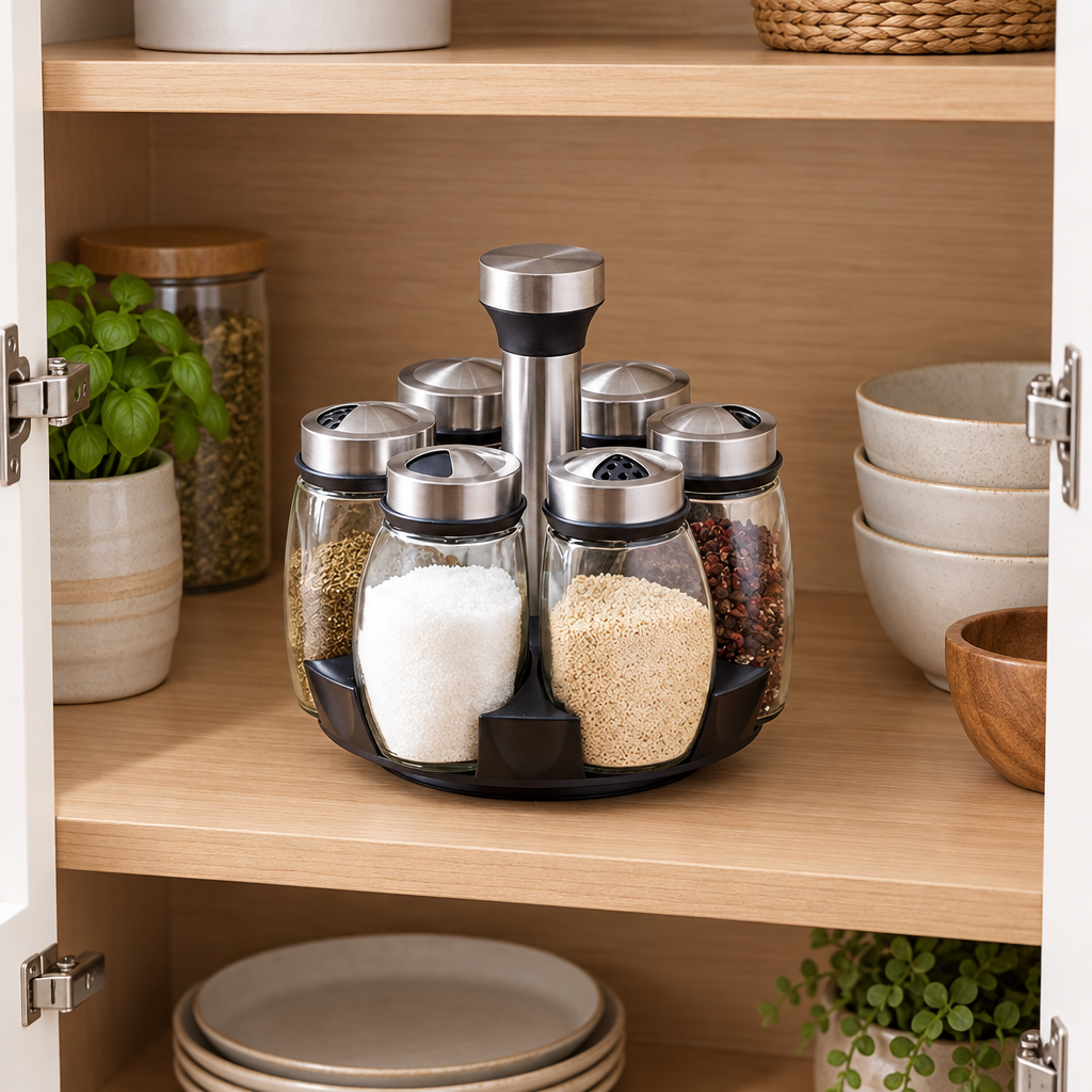 Rangement épices rotatif à l’intérieur d’une armoire de cuisine ouverte