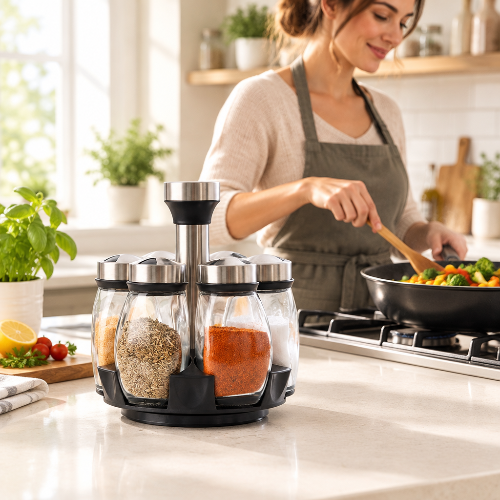 Rangement épices rotatif montrant une dame qui cuisine