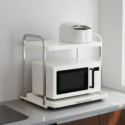 Support micro onde avec mur blanc et armoires foncées