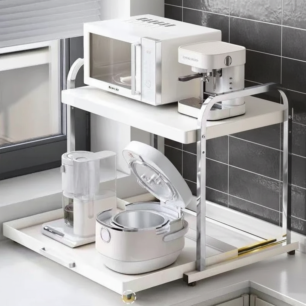 support micro-onde sur carrelage foncé