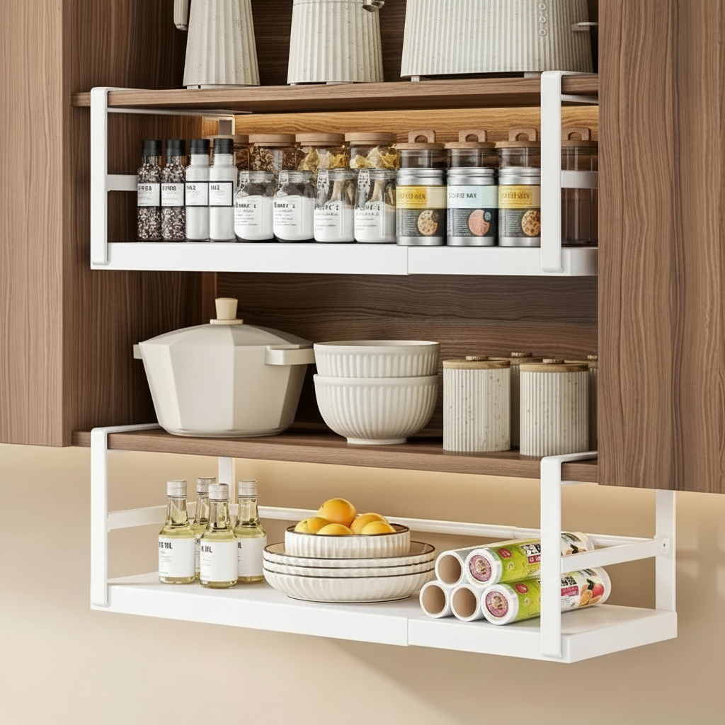 Étagère blanche armoires bois