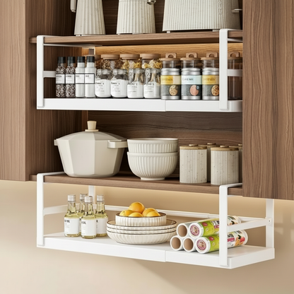 Étagère blanche armoires bois